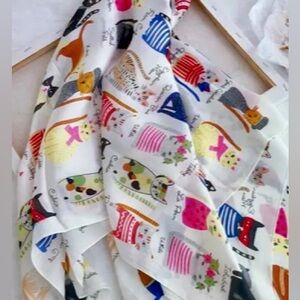 Whimsical Illustrated Cat Print Silk Scarf Hair Tie Bag Square New In Sealed Bag